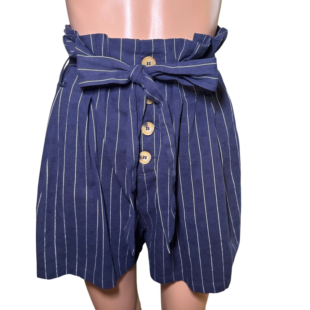 GiGiO Navy Pinstripe‎ Paperbag High Waisted Shorts Small Button Front Tie Belt